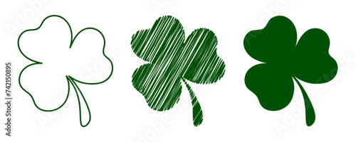 Three variants of clover leaf image: outline, shaded and flat style. Set of green shamrocks isolated on transparent background. Happy St. Patrick's day. Vector illustration