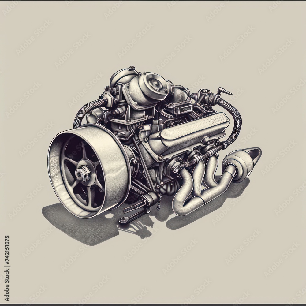 A black and white pencil drawing showcases a turbo car engine with realistic precision.
