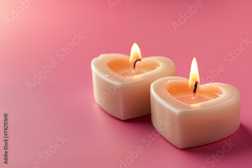 Two candles heart shape on pink background with copy space