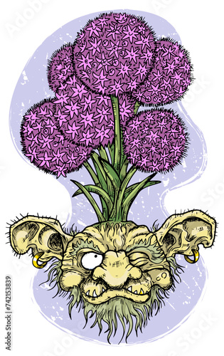 Hand drawn colorful vector illustration with engraved funny demon or gnome face as root of beautiful spring flower of Allium