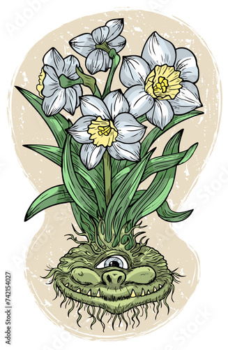 Hand drawn colorful vector illustration with engraved funny demon or gnome face as root of beautiful spring flower of Narcissus photo