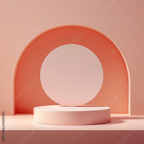 A minimalist aesthetic is captured in a serene image of a white circle reflected on a soft pink wall  evoking a sense of modern elegance in an indoor space. Podium for Produkt presentation. 