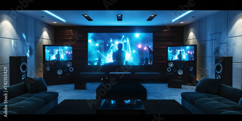 3d home cinema room with blue lights | photograph of a home theatre system in a modern, finished, concrete basement,
