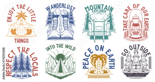 Mountain Camping Graphic T shirt for Print, Outdoor Vintage Set. Nature Lover T-shirt Designs Bundle. Retro Travel Designs Collection. Outdoors Vector Illustration