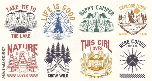 Outdoor Vintage Set. Mountain Camping Graphic T shirt for Print, Nature Lover T-shirt Designs Bundle. Retro Travel Designs Collection. Outdoors Vector Illustration photo