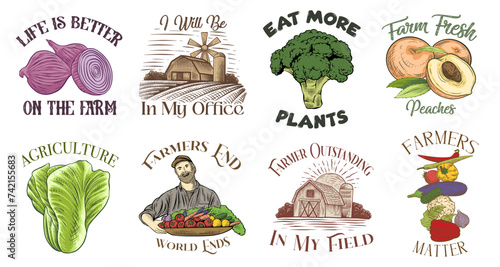 Farmer T shirt Designs Bundle. Farming Illustration Vector Set, Agriculture and Cultivation Designs Collection. Gardening Graphic T-shirt for Print, Vintage Farming Quotes