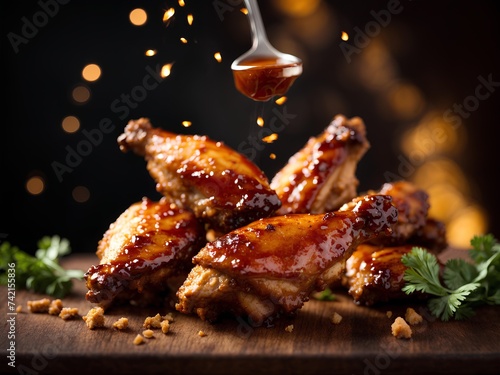 BBQ chicken wings on plate, cinematic food photography, studio lighting and background 