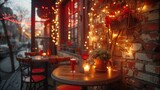 An intimate cafe ambiance with warm fairy lights, a red rose, and a refreshing drink on a rustic wooden table against a vintage brick wall.