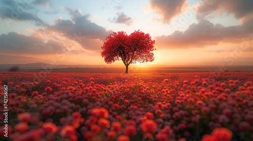 A single tree with bright red foliage stands out in a stunning field of red flowers under a picturesque sunset sky.