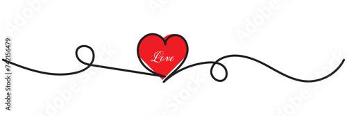 Heart line art drawing vector background. Continuous one line design template. Valentines day. Love symbol. Outline ribbon with red heart vector illustration.