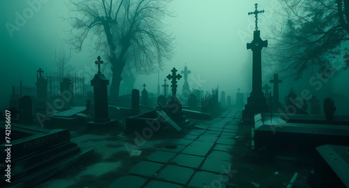 a foggy graveyard