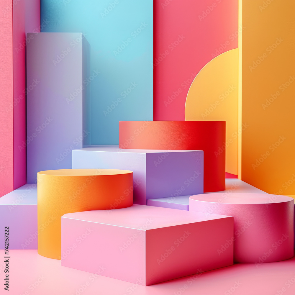 Vibrant and modern, a stunning wall adorned with an array of geometric shapes captivates the eye with its intricate design. Podium for Produkt presentation. Background for product mockup. Vibrant and modern, a stunning wall adorned with an array of geometric shapes captivates the eye with its intricate design. Podium for Produkt presentation. Background for product mockup.