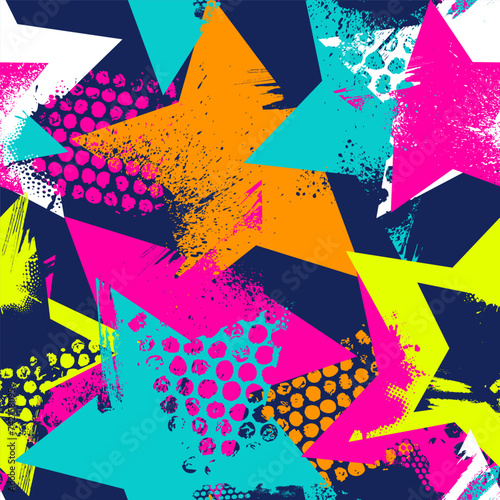 Abstract seamless chaotic pattern with urban geometric elements, scuffed, drops, stars and sprays. Grunge neon texture background. Wallpaper for teen girls. Fashion sport style