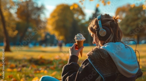 beautiful young woman with headphones eating ice cream photo