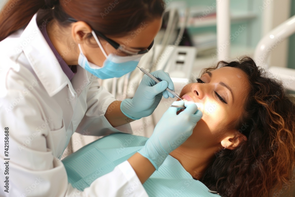 woman sitting in dental chair ,dentist appointment in clinic woman sitting in dental chair ,dentist appointment in clinic