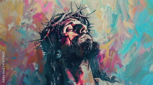 beautiful face of jesus with crown of thorns crucified photo