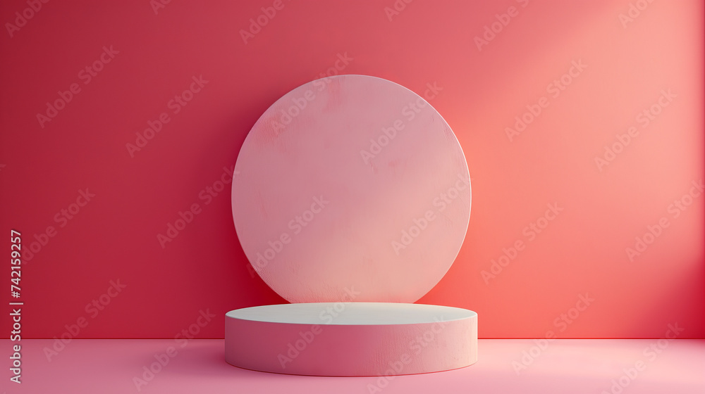 A minimalist indoor design featuring a sleek round podium against a vibrant pink wall, exuding elegance and modernity A minimalist indoor design featuring a sleek round podium against a vibrant pink wall, exuding elegance and modernity