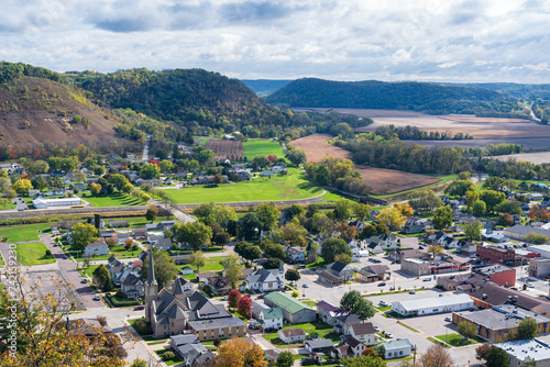 overlooking rushford and farm fields viewed from atop magelssen bluff park in driftless region of southeastern minnesota