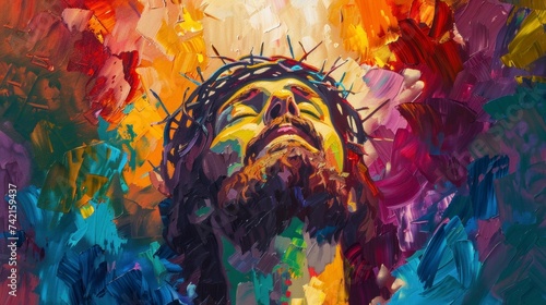 beautiful face of Jesus with crown of thorns crucified in watercolor in high resolution and high quality photo