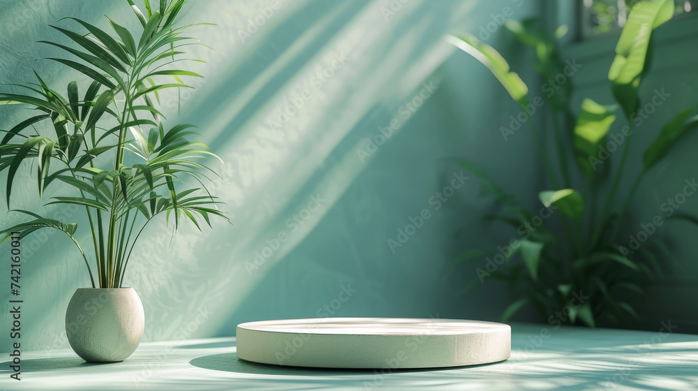 A solitary houseplant sits atop a round white platform, its delicate tendrils reaching towards the vase on the wall, bringing a touch of nature to the otherwise sterile indoor space A solitary houseplant sits atop a round white platform, its delicate tendrils reaching towards the vase on the wall, bringing a touch of nature to the otherwise sterile indoor space