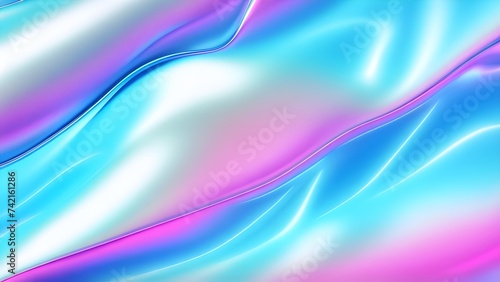 Holographic background texture design of neon iridescent wrinkled blue foil surface. 80s or 90s neon colors in wrinkled gradient foil pastel background