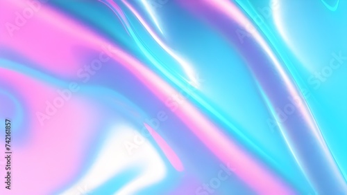 Holographic background texture design of neon iridescent wrinkled blue foil surface. 80s or 90s neon colors in wrinkled gradient foil pastel background