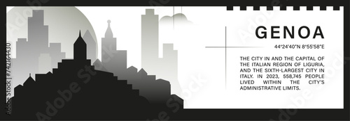 Genoa skyline vector banner, black and white minimalistic cityscape silhouette. Italy city horizontal graphic, travel infographic, monochrome layout for website photo