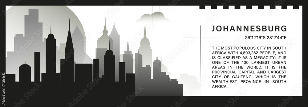 Naklejka premium Johannesburg skyline vector banner, black and white minimalistic cityscape silhouette. South Africa city horizontal graphic, travel infographic, monochrome layout for website