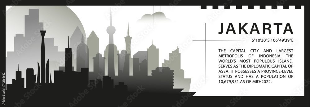 Jakarta skyline vector banner, black and white minimalistic cityscape silhouette. Indonesia capital city horizontal graphic, travel infographic, monochrome layout for website