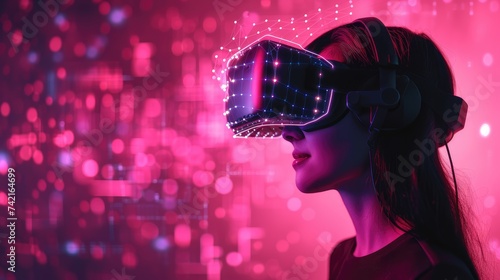 A portrait of a young woman, immersed in a digital pink-colored cyberspace, exploring the world through a VR headset. Ai Generated.