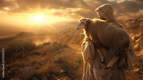 Jesus figure - A good Shepard Carrying a lost sheep. bible reference - beautiful sunset. Christian Themed