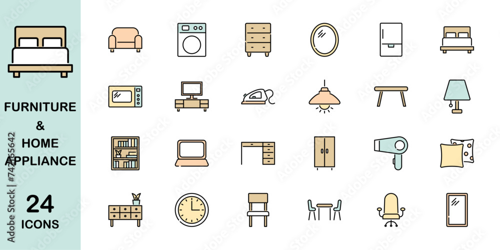 Set of colorful furniture and home appliance icons, editable stroke Set of colorful furniture and home appliance icons, editable stroke