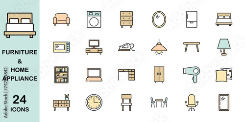 Set of colorful furniture and home appliance icons, editable stroke	