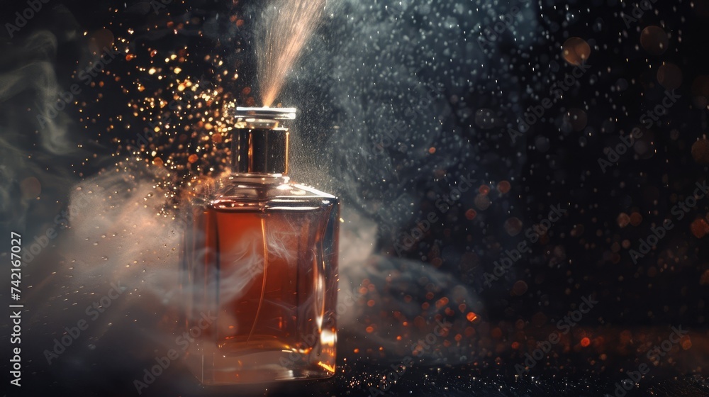 spraying perfume on dark background, closeup - obrazy, fototapety, plakaty 