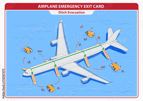 Emergency evacuation on water - ditch evacuation. Safety instructions card. Guide to emergency exit from aircraft. Plane emergency exit map for passenger vector Illustration.