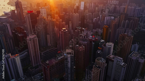 Aerial view of a bustling cityscape at sunset