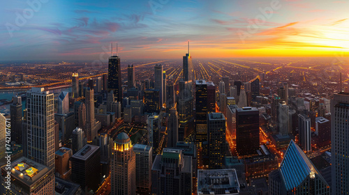 Aerial view of a bustling cityscape at sunset