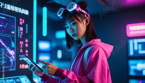 Stylish Japanese Young Woman Interacting with Augmented Reality Platform in a Technologically Advanced Room with Futuristic Cyberpunk City in the Background. Beautiful Girl Doing Online Shopping