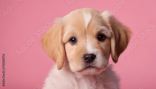 close-up banner with puppy dog, isolated on pink background with copy space 