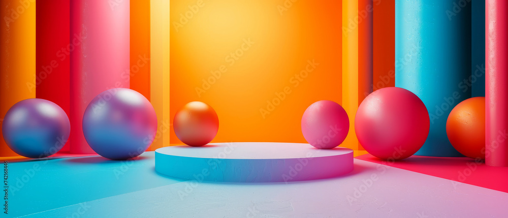 A vibrant display of spherical bliss adorns the round podium against the indoor wall, beckoning playfulness and joy A vibrant display of spherical bliss adorns the round podium against the indoor wall, beckoning playfulness and joy