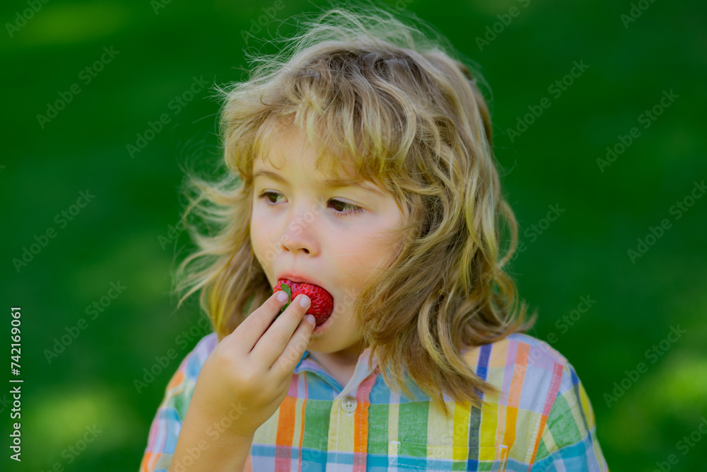 Summer kid face. Strawberries for kids. Child eat strawberry on summer green grass background. Summer kid face. Strawberries for kids. Child eat strawberry on summer green grass background.