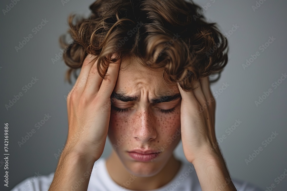 Man suffering from headache, massaging temples to get rid of pain, standing Man suffering from headache, massaging temples to get rid of pain, standing