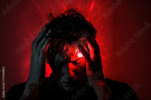 Brain diseases problem cause chronic severe headache migraine. Male adult look tired and stressed photo