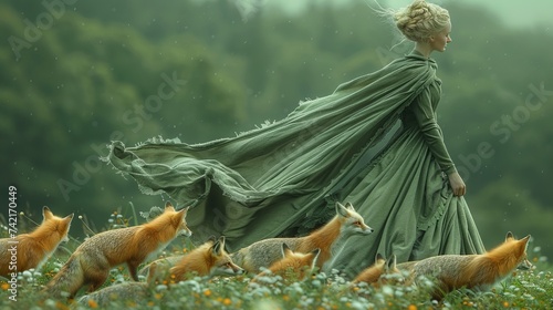 Woman walking on a grass field with red foxes. photo