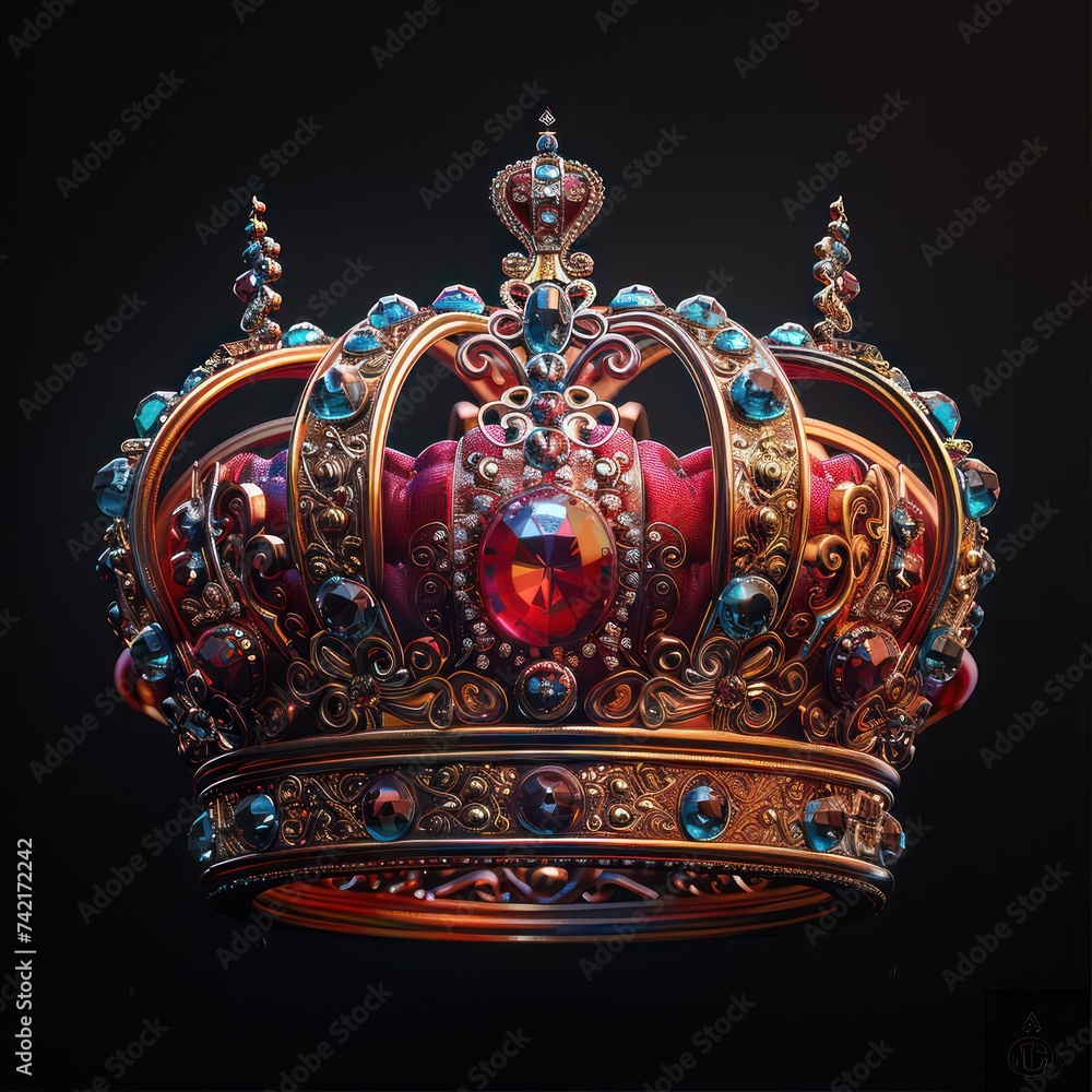 Luxury red crown adorned with jewels, isolated against a black background