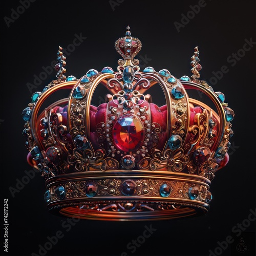 Luxury red crown adorned with jewels, isolated against a black background
