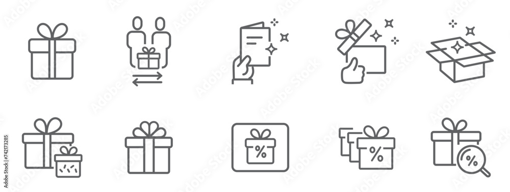Gift box, present, discount offer line icon set isolated on transparent background. Price tag, gift card, search sale signs. Vector illustration.