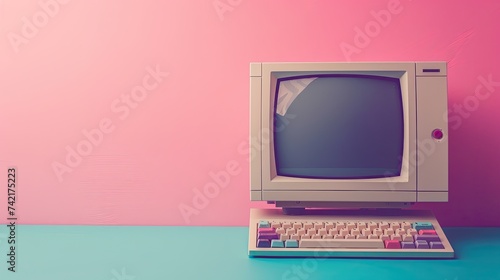 Retro computer with keyboard on pink background.