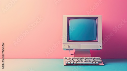 Retro computer with a blue screen on a pink background. photo