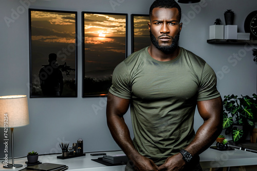 
High-res image of a stylish man with a subtle military edge in a minimalist office. Golden hour light emphasizes his sharp attire & confident aura.